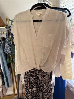 meraki Cream V-Neck Tie-Front Pocket Blouse